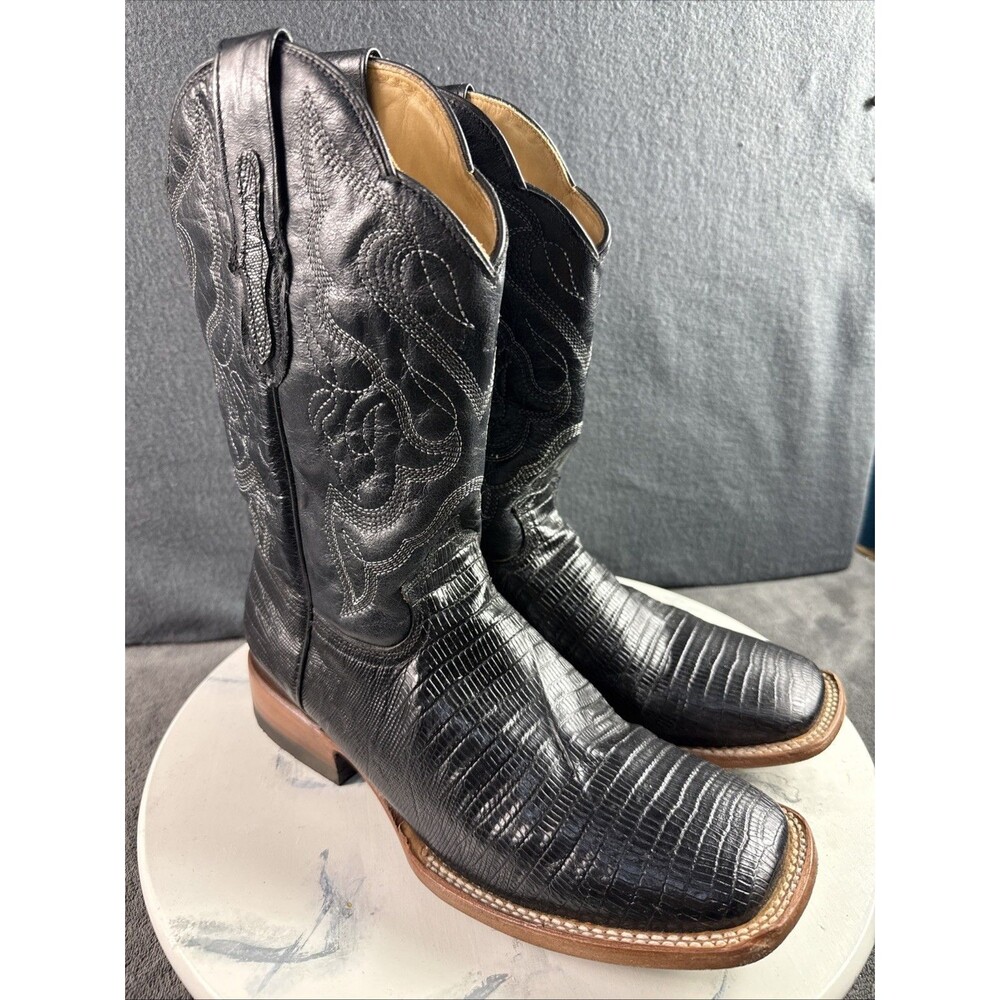 Vaquero Bronco Black Leather Lizard Print Western Cowboy Boots Men Size 10 EE